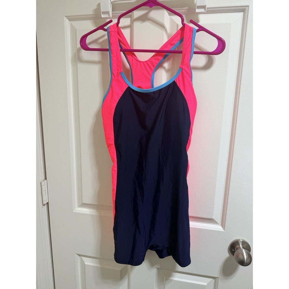 Boyleg One Piece Swimsuit Athletic Training Built In Bra NWT Size Med Navy Pink